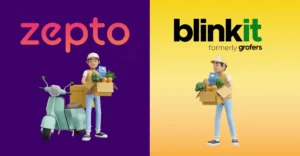 A photo where two brand logos are on left and right, Zepto and Blinkit respectively