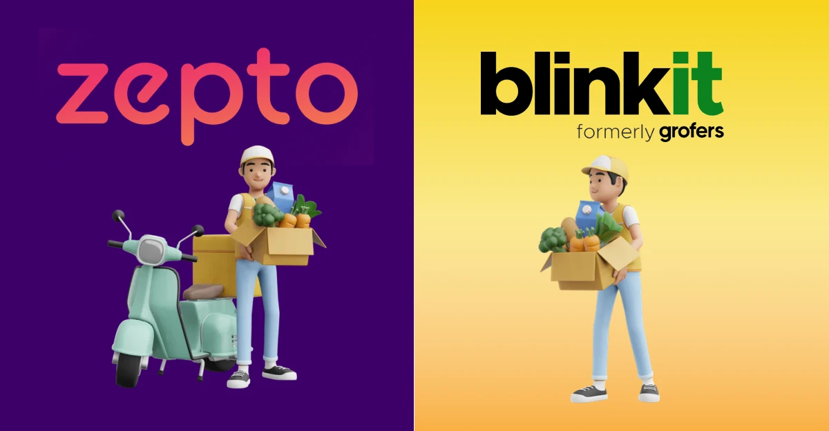 A photo where two brand logos are on left and right, Zepto and Blinkit respectively